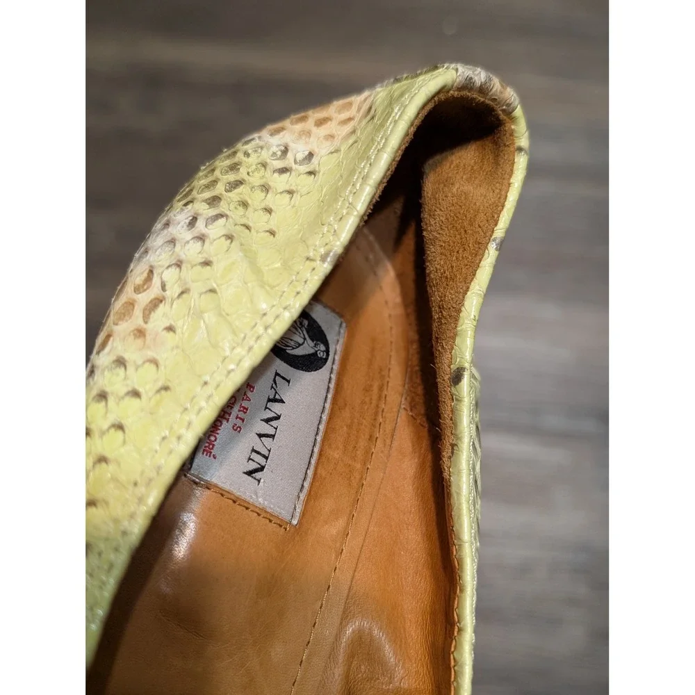 Lanvin Paris Snakeskin Print Leather Wedge Pumps Green Tan Wood Heel Size 40